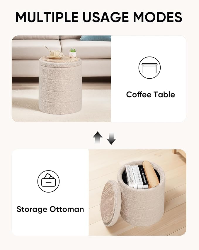 Round Boucle Storage Ottoman, Sherpa Teddy Fabric Ottoman Footstool with Reversible Tray Lid, Folding Footrest with Storage for Living Room, Bedroom, Dorm, Beige, 14.6" x 14.6" x 17.7"