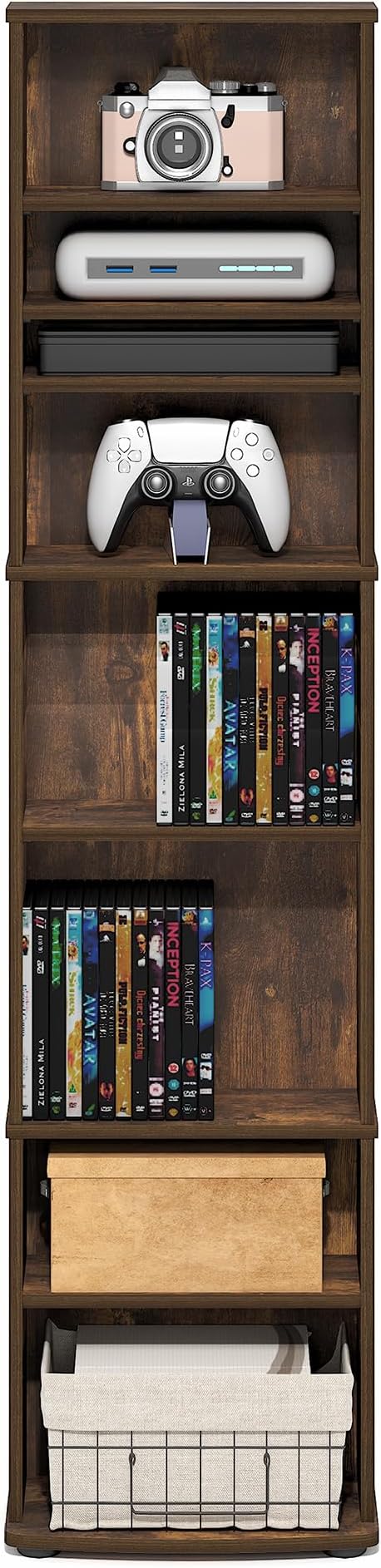 Furinno Jaya DVD Shelf, 8-Tier Tall Narrow CD Rack, Media Shelf with Adjustable Shelves, DVD Storage Cabinets for CD Blueray Game Disc, Easy Assembly, for Living Room, Home Office, Amber Pine