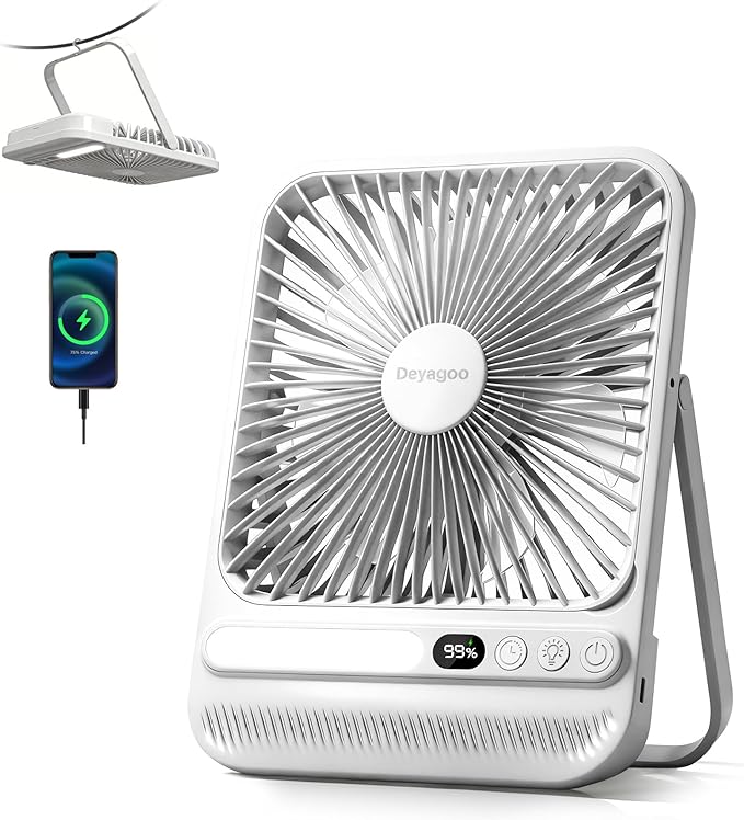 Deyagoo Travel Fan,7-Inch Camping Fan, Rechargeable Fan, 28H 10000mAh Ultra-Thin Quiet USB Desk Fan with Timer & LED Display for Bedroom, Office, Camping