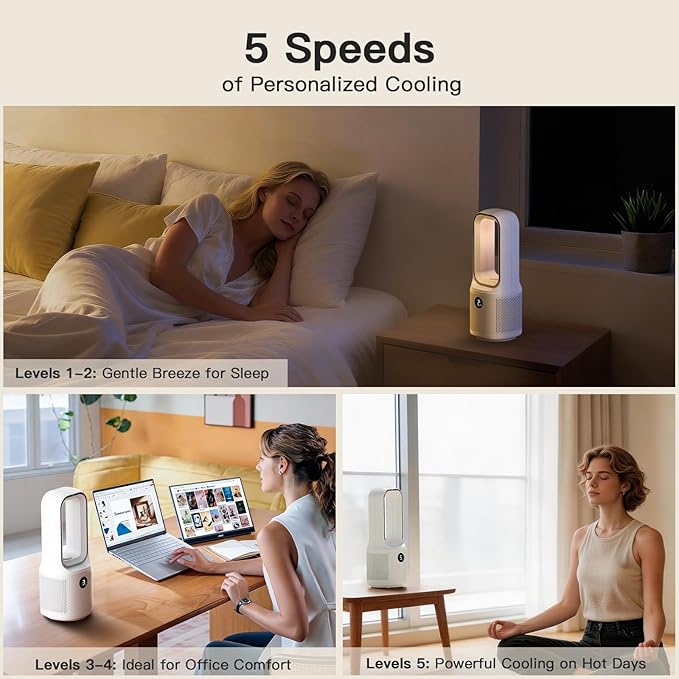 let'me Bladeless Desk Fan Small Quiet,5-Speed Bedside Table Fan with 3-Level Brightness Night Light, 72° Oscillation, 9-Hour Timer, Wired Power with Adapter,Fan for Bedroom Office Home,13x5 Incn