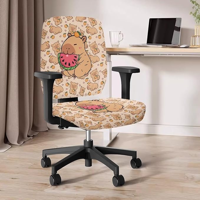 Capybara Computer Chair Cover Stretchable Office Chair Covers 2 Piece Universal Fit Most Wheelchairs,Computer Chairs,Gaming Chairs Washable Slipcovers Protector Brown