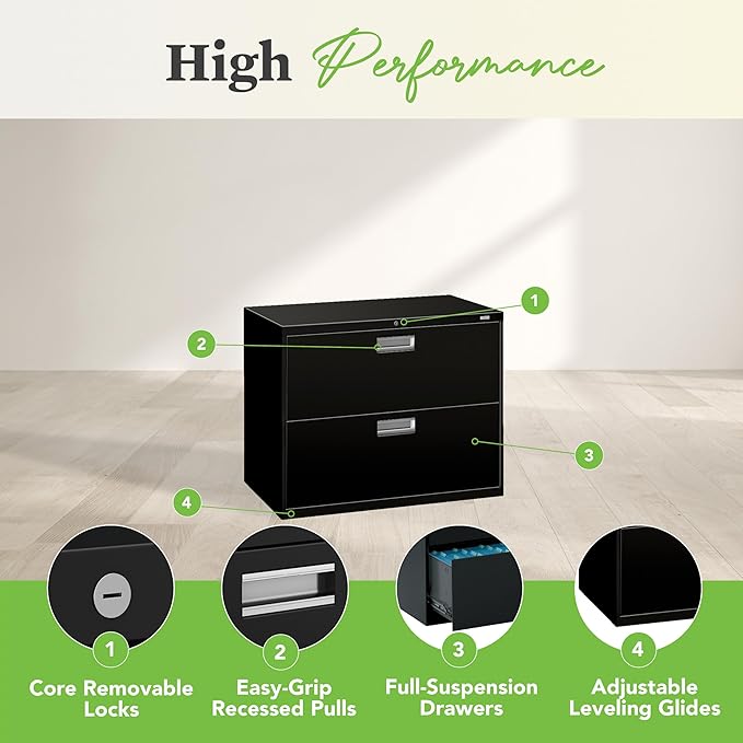 HON 2 Drawer Lateral File Cabinet with Lock, Metal Filing Cabinets for Offices, Hanging Files, and Under Desk, 18" Deep, Black