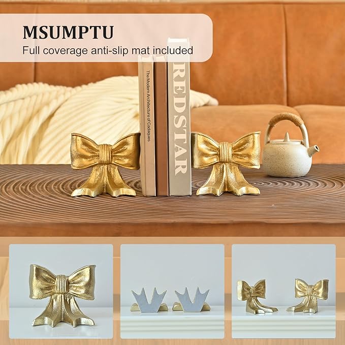 Metal Bookends Set of 2, Heavy Duty Book Ends for Heavy Books, Gold Decorative Bookends for Shelves Desk Office Home Decor