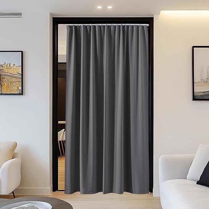NICETOWN Door Curtain with Adjustable Ceiling Track, Blackout French Door Curtain for Doorway/Bay, W34 x L 80" Thermal Insulated Privacy Protection Drape for Living Room/Bedrrom, Grey, 1 Panel