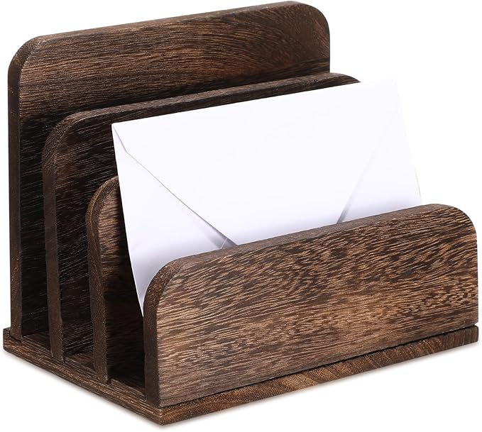 Briwooody Wooden Mail Organizer 3 Slots Mail Holder for Desk Wood File Paper Letter Holder for Letter Envelope Filing Cell Phone Document Storage, Organizer Tray for Office and Home(Dark Brown)