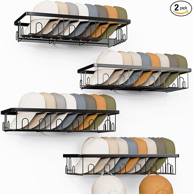 4 Pack Hat Rack for Wall Holds 112 Caps Hat Organizer for Wall Mounted Hat Holder on Wall Hat Organizer for Baseball Caps Hat Storage for Baseball Hats Closet Bedroom Kitchen Bathroom Black