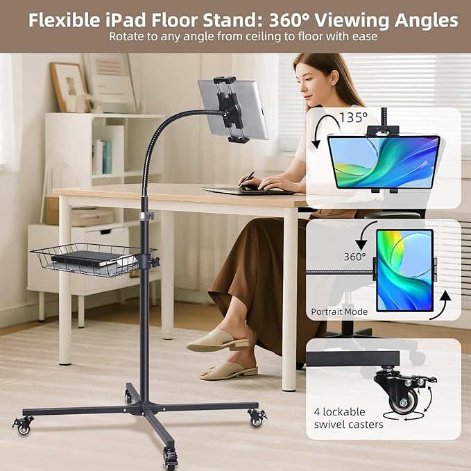 Premium Rolling Tablet Floor Stand with Heavy Duty Industrial Wheels & Storage Basket, Tall Adjustable iPad Stand Floor on Wheels, Universal Mount Holder for iPad Pro, Air, Mini, Phone
