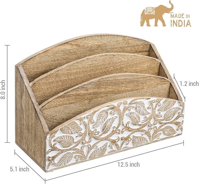 MyGift 3 Tier Rustic Solid Mango Wood Desk Mail Holder and Stationery Sorter with Hand Carved Leaf Pattern, Decorative Office Desktop Document Storage Organizer - Handcrafted in India