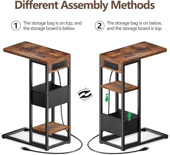 C Shaped End Table with Charging Station,3-Layer Sofa C Table Side Table, Slide Under Sofa Desk Snack Tables with Storage Bag w/AC U-S-B Port & Socket,Small Spaces Drink Tables for Living Room