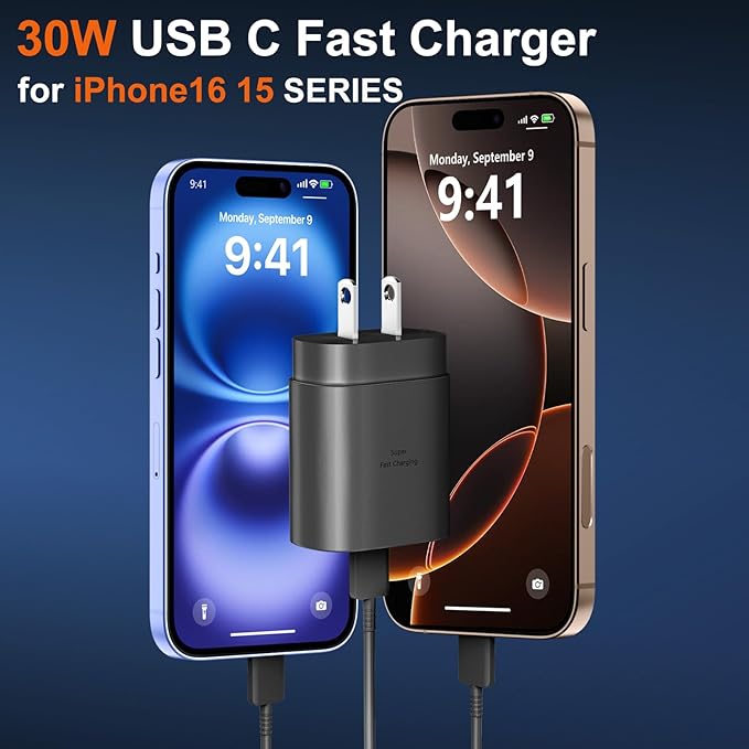 iPhone 16 15 17 Pro Max Charger 30W Type C Chargers USB C Fast Charger Block iPhone 16 Chargers Fast Charging with 8FT C Charging Cable for iPhone 17/17 Pro Max/16/16 Pro Max/15/15 Pro/iPad/Samsung