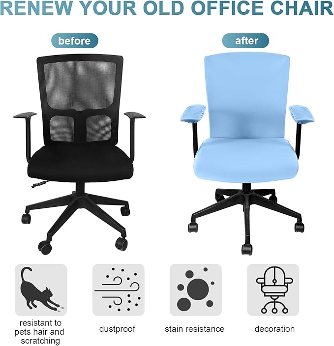 Tallew 4 Pcs Office Chair Covers Set Computer Universal Protective Stretchable Chair Seat Covers Desk Armrest Cover Pads Office Cushion Backrest for Rotating(Regular,Blue)