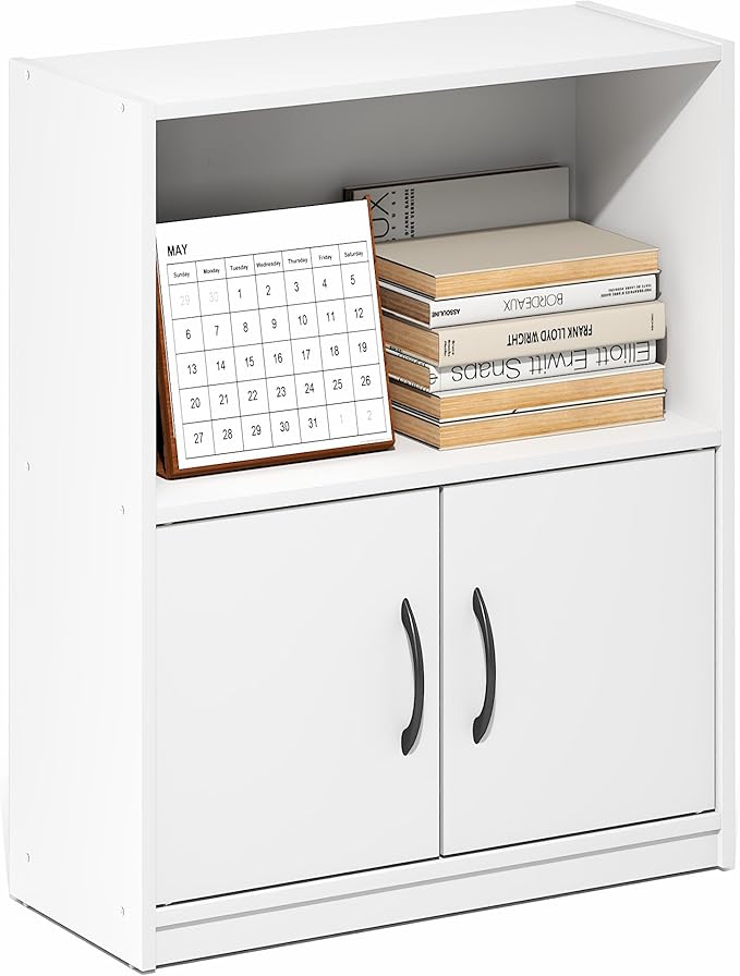 Furinno Gruen Book Shelf, 2-Tier Small Bookshelf, Bookcase with Open Shelf and Doors Storage Cabinet, 9.3 x 21.8 x 27, for Organization and Storage, for Living Room, Bedroom, Home Office, White