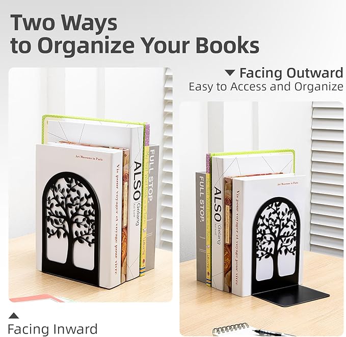 HappyHapi Book Ends, Metal Bookends for Shelves Decorative, Tree Stopper for Heavy Books, Black Ends to Hold Books for Home Office, 6.5 X 4.7 X 3.5 Inch(3 Pairs/6 Pcs, Large)