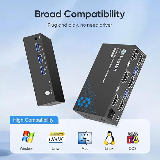 Hearvo 8K@60Hz HDMI KVM Switch 2 Monitors 2 Computers, Dual Monitor KVM Switch with EDID Adaptive, USB Sharing, Keyboard Mouse Printer Control, S7229H2
