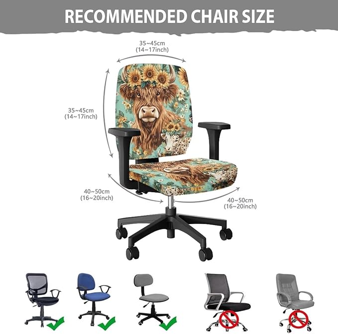 Highland Cow Office Chair Covers Stretchable Office Chair Seat Cover 2 Piece Sunflowers Gaming Chair Cover Universal Fit Wheelchairs,Computer Chairs,Gaming Chairs Brown