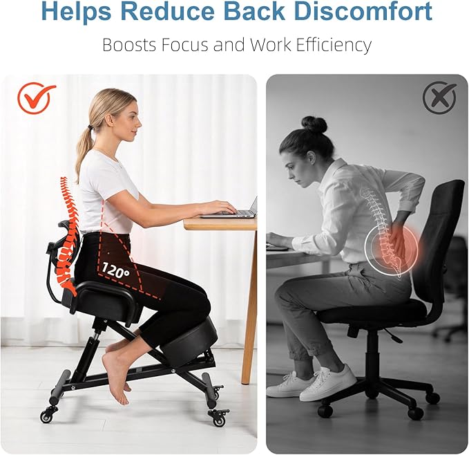Ergonomic Kneeling Chair with Back Support, Height Adjustable Stool for Home and Office, PU Kneeling Chair for Desk to Relieve Back Discomfort, Thick Moulded Foam Cushions Brake Casters