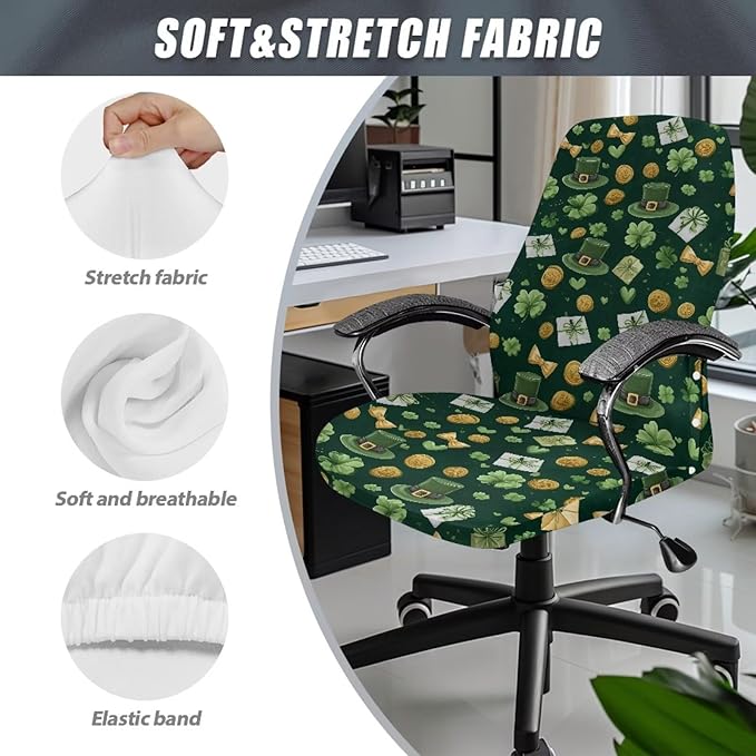 Talayituse Shamrock Hat Letter Coin Print Office Chair Covers, Stretch Computer Chair Cover Universal Boss Chairs Covers Modern Simplism Style High Back Chairs Slipcover St Patrick's Day Decor, Large