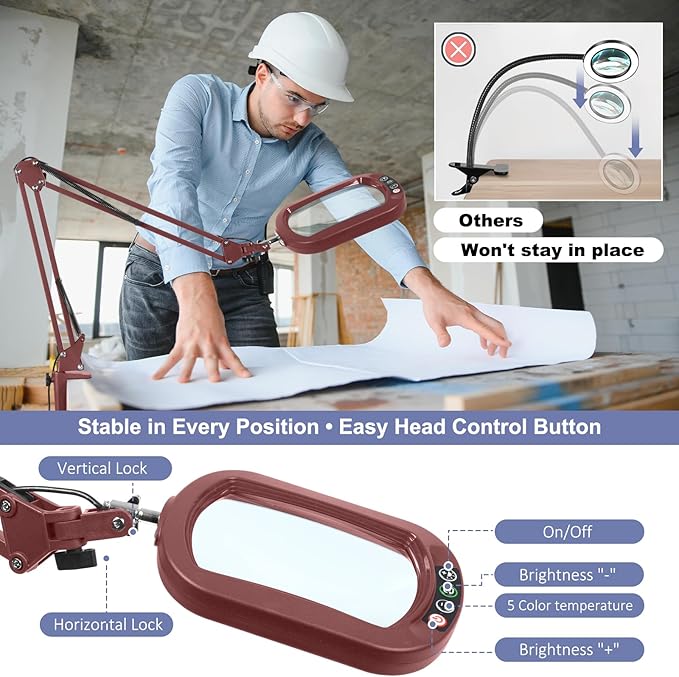 14.35" Large Magnifying Glass with Light and Clamp, Real Glass, 5 Color Modes, Stepless Dimmable, Lighted Magnifier with Stand Hands Free, LED Swing Arm Desk Lamp for Close Work, Craft, Red