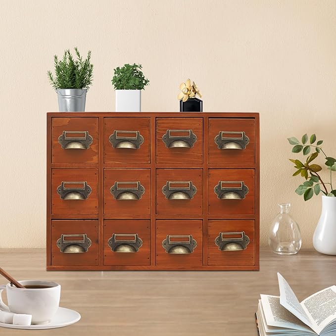 12 Drawer Drawers Storage Cabinet, Wooden Medicine Cabinet Desktop Drawer Organizer Herb Storage Box with Solid Wood Build & No Assembly for organize spices medicines jewelry cosmetics(Brown)