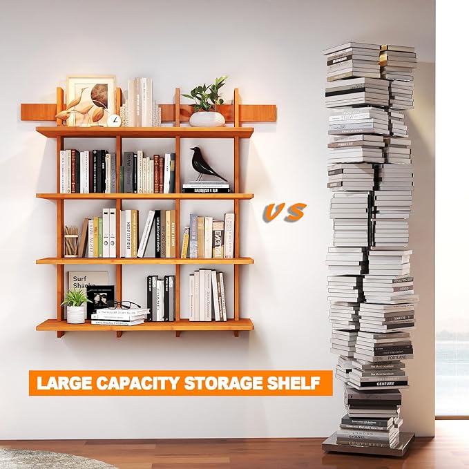 Bookshelf 4 Tier Wall Mounted Book Shelf, Space-Saving Floating Bamboo Bookcase Heavy Duty 600lbs, Storage Display Shelf for Living Room Bedroom Office, 43" W x 52" H