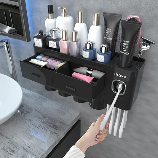 iHave Toothbrush Holders for Bathrooms, 4 Cups Toothbrush Holder Wall Mounted with Toothpaste Dispenser - Large Capacity Tray, 2 Cosmetic Drawer - Bathroom Storage & Bathroom Organizer