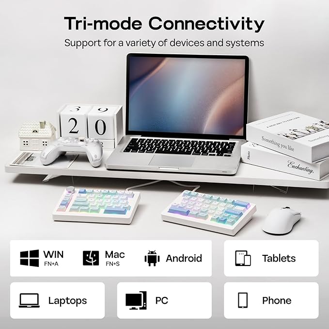 EPOMAKER Split70 Wireless Ergonomic Keyboard with QMK/VIA and Knob, Mechanical Gaming Keyboard with RGB, Hot-Swap, Creamy Linear Switch, PBT Keycap, Gasket, Mac Modifier, 70% Split Layout (White)