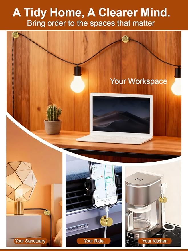 Wider Base Strong Adhesive Desk Cord Holder 3 Pack, Aluminum Gold Screw-top Cord Holder for Nightstand, Cable Holder Desk Organizer for Phone Charger, Cable Management Clips to Keep Cables Tidy