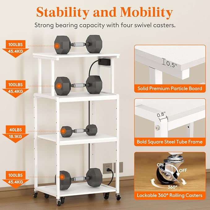 Lifewit 4 Tier Printer Stand with 3 Power Outlets, Wheels and Adjustable Storage Shelf for Home Office, Rolling Printer Cart for Shredder, Scanner, Fax, Hold 340lbs, White