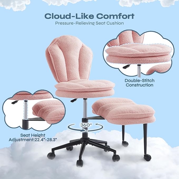 Pinmoco Ergonomic Cross Legged Office Chair for ADHD, Kneeling Chair with 360° Swivel Wheels and Reversible Seating for Meditation, Adjustable Height and Seat Deapth, Teddy Fabric, Pink