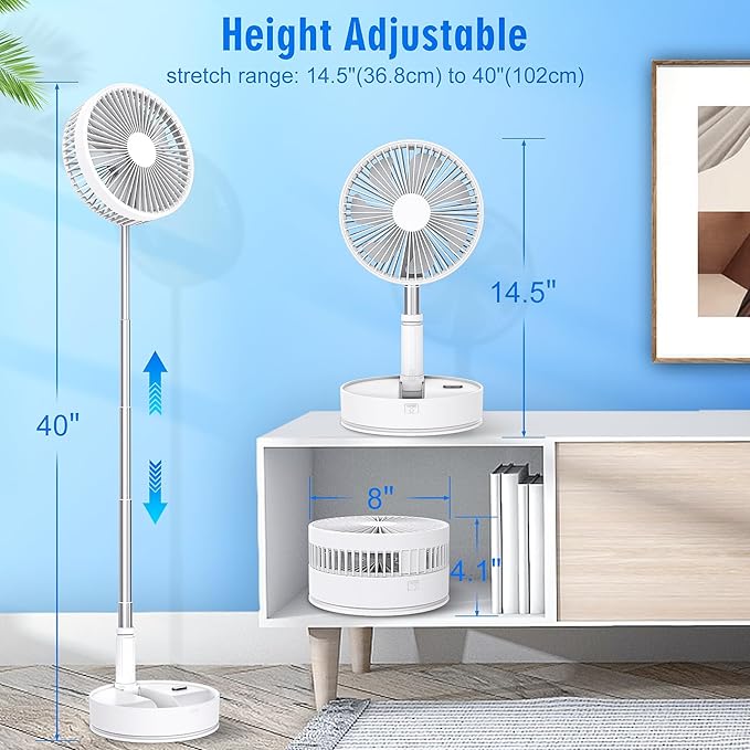 LIPETY Portable Foldable Rechargeable Oscillating Fan - 8.6" 7200mah Battery Operated USB C Small Fan Remote, Quiet Table Desk Fan Folding Standing Pedestal Fan for Rome Office Camping Travel
