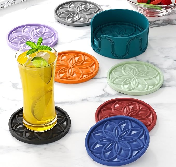 HFHOME Silicone Coasters Set With Holder - 6 Pack for Drinks, Coffee Table, Cup Mat, Desk, Bar - Tabletop Protection Gift - Navy Blue