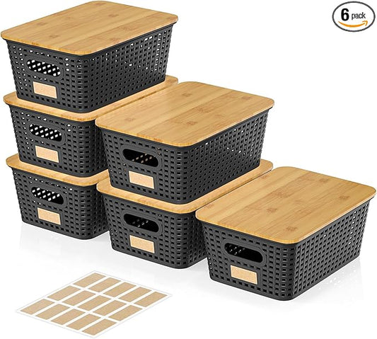 6Pcs Storage Bins with Lids, Stackable Plastic Storage Basket with Bamboo Lid, Pantry Organizer Box Small Containers for Organizing Shelves Drawer Desktop Closet Cabinet Office Classroom 10x7.1x4.1in