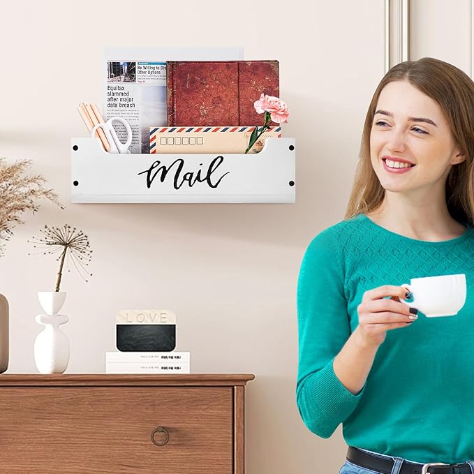 White Wooden Mail Organizer Countertop - Mail Organizer Wall Mounted, Office Mail Holder, Desktop Mail Basket for Counter, Letter Holder Box for Home Office Decor (White + Black, 3.15")