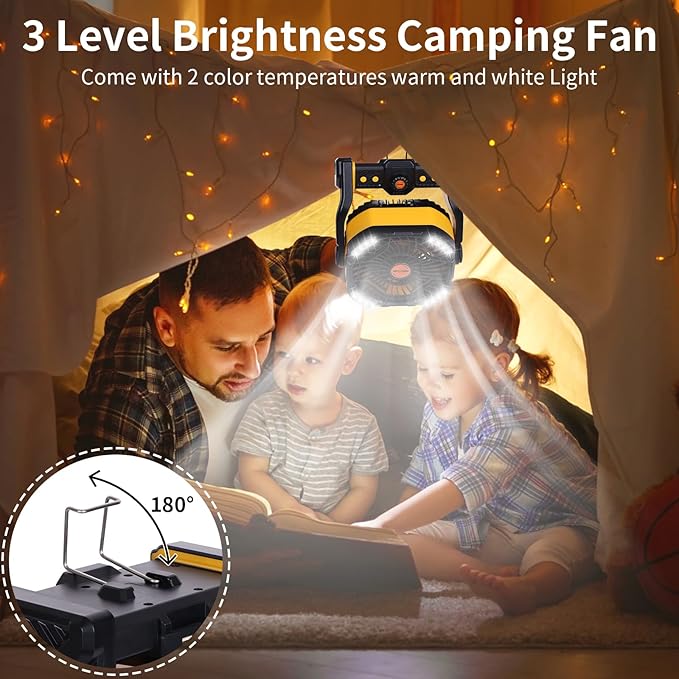 WESTTREE 20000mAh Camping Fan with LED Lantern USB Tpye C Rechargeable Battery Operated Outdoor Tent Fan with Light & Hook, 270° Pivot 4 Speeds, Personal USB Desk Fan for Camping Yellow X26A