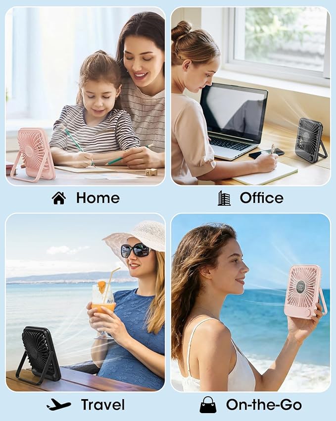 Ouddy Mode 2 Pack Small Desk Fan, Rechargeable Quiet Portable Travel Fan with 100 Wind Speeds Digital Display Black and Pink Personal Fans for Office Bedroom Home Outdoor