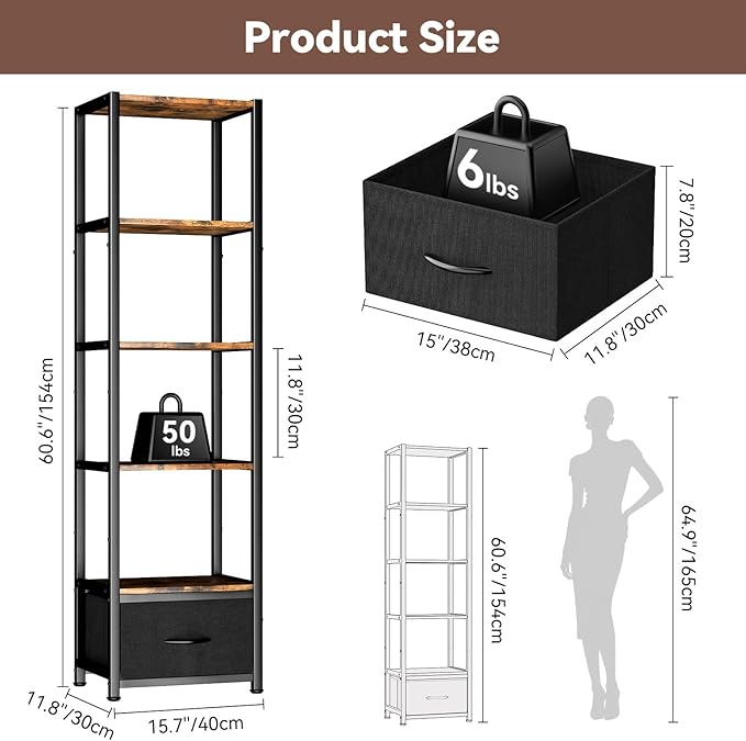 Housolution 6 Tier Bookshelf with LED Light, 60.6" Tall Narrow Corner Shelf Stand with Fabric Drawer, Bookcase Storage Organizer, Industrial Display Standing Shelf Unit for Living Room, Rustic Brown