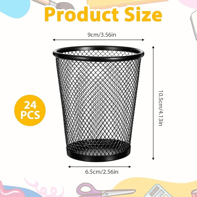 24 Pack Mesh Pencil Holder Wire Mesh Pen Cup, Black Pen Holder for Desk Metal Pens Organizer Pencil Cup Marker Holders Makeup Brush Holders for Home Office Supplies Accessories