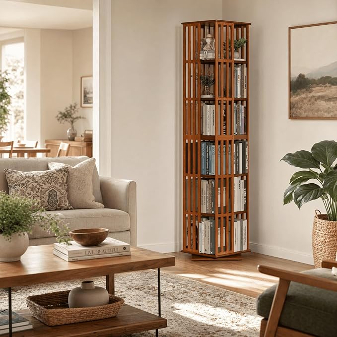 Lauxery Rotating Bookshelf Tower, 6-Tier 360° Bamboo Spinning Bookcase – Narrow Revolving Book Shelf, Floor Standing Space-Saving Storage Book Shelves for Small Space, Corner & Home Office | Walnut
