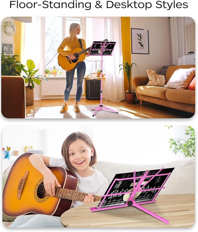 K KASONIC - Music Stand, 2 in 1 Dual-Use Folding Sheet Music Stand & Desktop Book Stand, Portable, Lightweight with Music Sheet Clip Holder & Carrying Bag Suitable for Instrumental Performance (Pink)