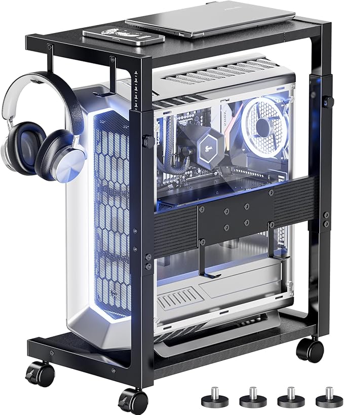 Computer Tower Stand - Height Adjustable PC Tower Stand CPU Holder Cart with Locking Wheels and 4 Hooks for Home Office, 23.03"-28.3" H, Black
