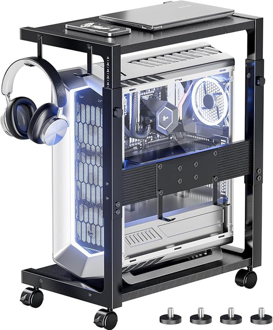 Computer Tower Stand - Height Adjustable PC Tower Stand CPU Holder Cart with Locking Wheels and 4 Hooks for Home Office, 23.03"-28.3" H, Black