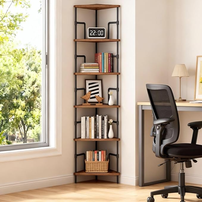 MAHANCRIS 65" Corner Shelf, 6-Tier Industrial Corner Bookshelf with Metal Frame, Small Plant Stand, Display Shelf for Living Room, Bedroom, Home Office, Small Spaces, Rustic Brown CSHR6601