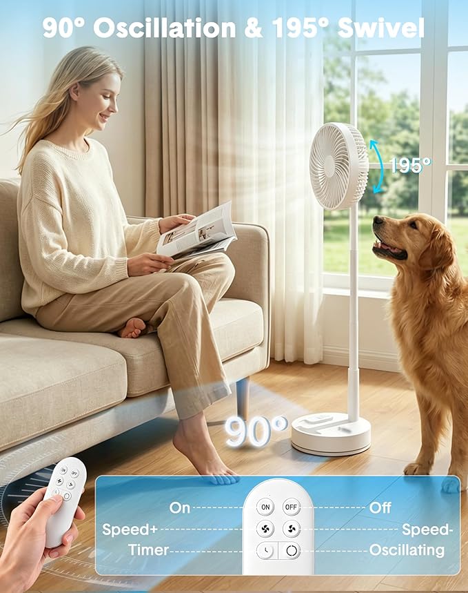 Portable Standing Oscillating Rechargeable Fan - 8" 8000mah Battery Operated USB Fan for Bedroom Quiet Remote Folding Pedestal Floor Ventilador Table Desk Fans for Room Office Camping Travel White