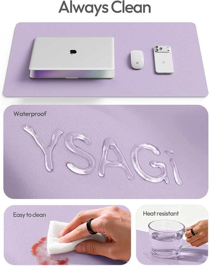YSAGi Leather Desk Protector, Office Mat, Large Mouse Mat, Non-Slip PU Leather Blotter, Laptop Pad, Waterproof Writing Pad for Office and Home (Light Purple, 23.6" x 13.8")