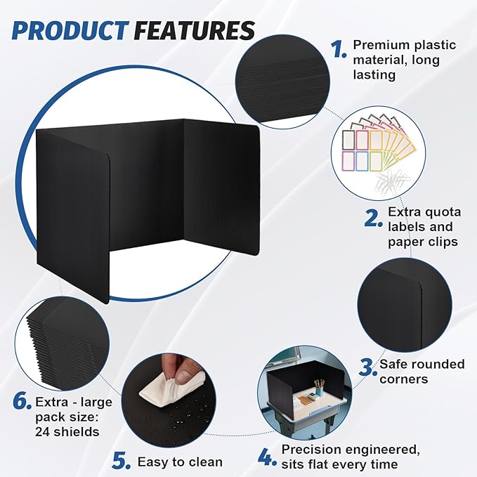 12 Pack Desk Dividers for Students,3-Fold Privacy Screens,Testing Dividers for Classroom Waterproof,Plastic Easy Clean Privacy Shields for Student Includes Extra Labels