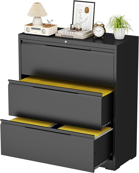 3 Drawer Lateral File Cabinet with Lock,Filing Cabinets for Home Office,Metal File Cabinet for Letters/Legal/A4 Size, Assembly Required,Black