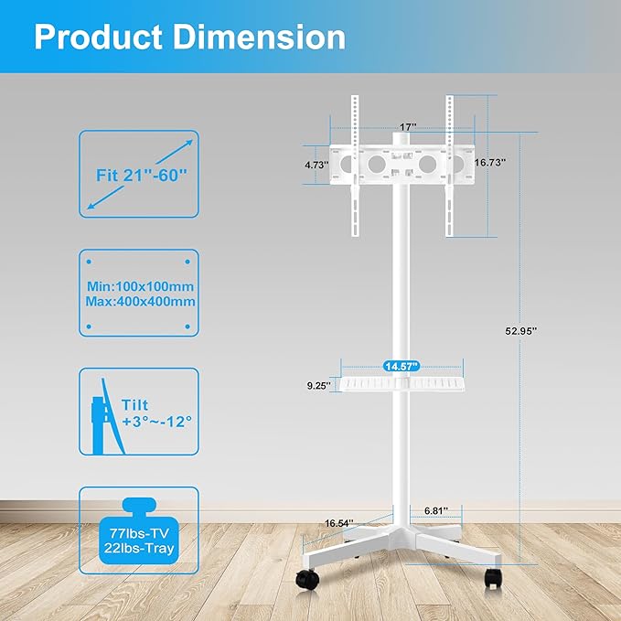 Mobile TV Carts on Wheels for 21-60 Inch Flat/Curved Panel Screens TVs - Height Adjustable Floor Trolley Stand with Shelf Holds up to 77lbs - Max VESA 400x400mm, White