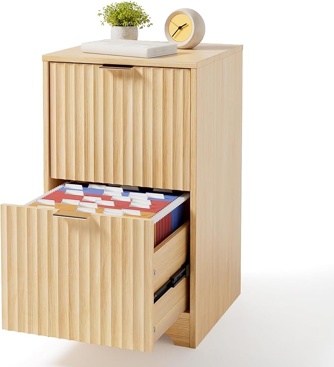 VINGLI 2 Drawer File Cabinet, Home Office Filing Organizer, for Letter Size File Folder Storage, Modern Style Fluted Design, Wood Vertical Filing Cabinet, Printer Stand, Archivador (Oak)