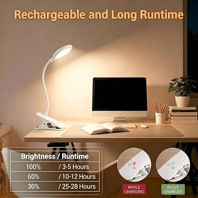 LACOKI Clip on Rechargeable Reading Light for Bed, 3 Color x 3 Brightness 28 LEDs Desk Light, Eye-Caring Desk Lamp with Clamp for Headboard, Table, Desk
