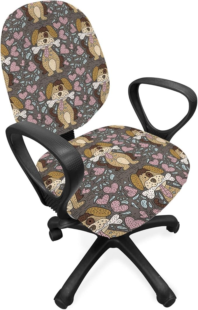 Ambesonne Dog Lover Office Chair Slipcover, Doodle Pattern of Puppy with Bone and Hearts, Protective Stretch Decorative Fabric Cover, Standard Size, Taupe Grey
